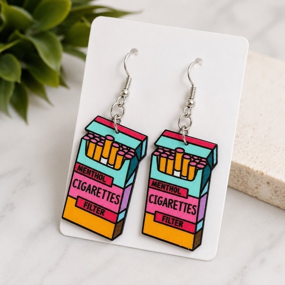 Jewelry - Retro Cigarette Pack Earrings Colorful Pop Art Statement Dangles Y2K Novelty